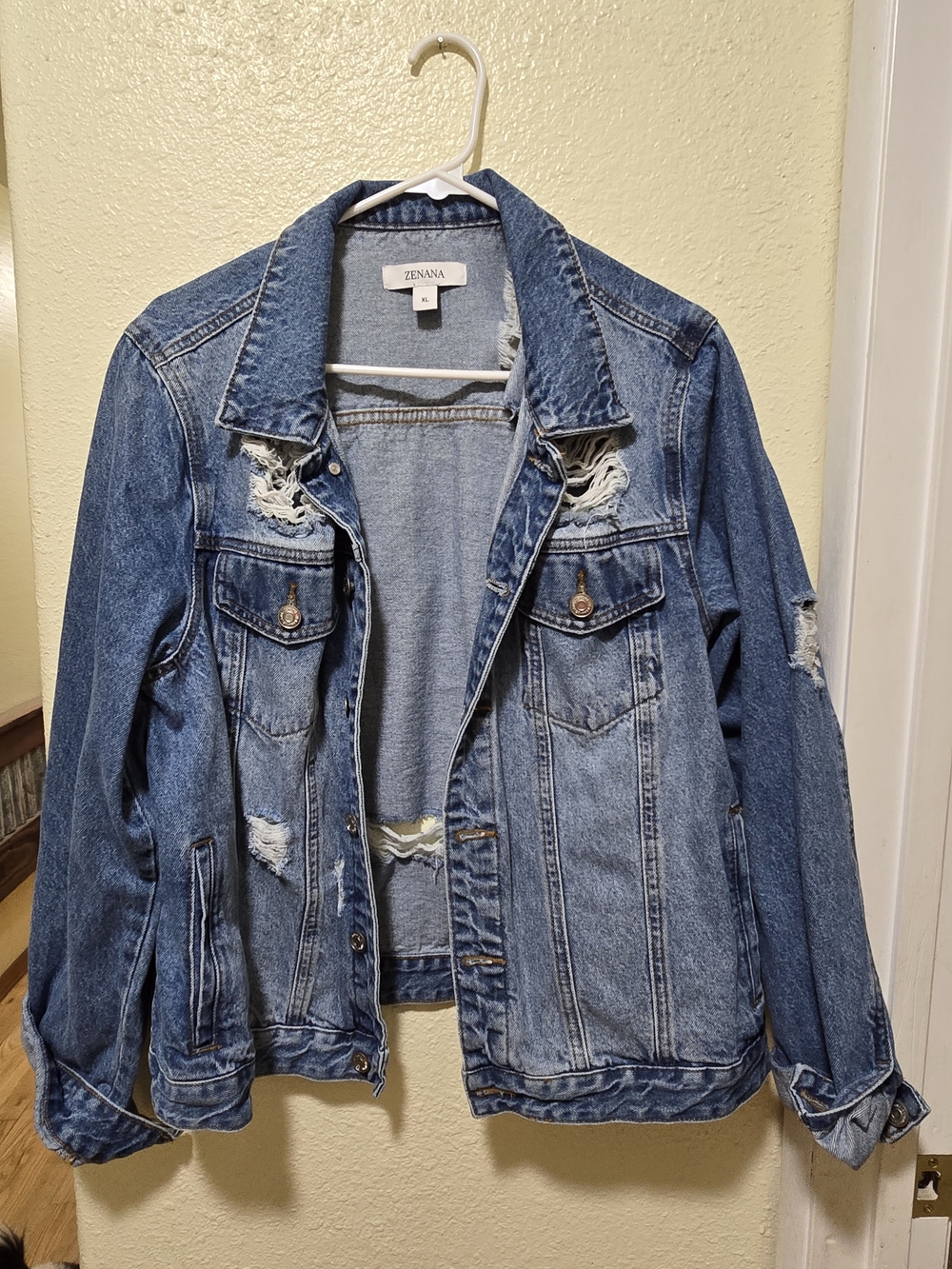 Zenana Outfitters Blue Distressed Denim Jacket for Women